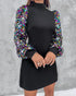 Mock Neck Shining Sequins Contrast Long Sleeve Dress black