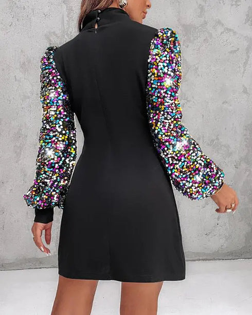 Mock Neck Shining Sequins Contrast Long Sleeve Dress black