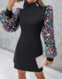 Mock Neck Shining Sequins Contrast Long Sleeve Dress black