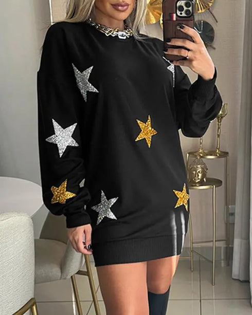 Star Pattern Crew Neck Long Sleeve Sweatshirt Dress Pullover Casual Mini Dress black