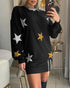 Star Pattern Crew Neck Long Sleeve Sweatshirt Dress Pullover Casual Mini Dress black