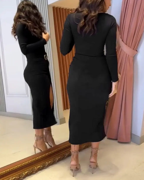 Metal Ring Decor Wrapped Slit Ribbed Commuting Dress Cinched Waist Slim Fit Mid-Length Dress black