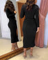 Metal Ring Decor Wrapped Slit Ribbed Commuting Dress Cinched Waist Slim Fit Mid-Length Dress black