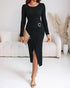 Metal Ring Decor Wrapped Slit Ribbed Commuting Dress Cinched Waist Slim Fit Mid-Length Dress black