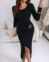 Metal Ring Decor Wrapped Slit Ribbed Commuting Dress Cinched Waist Slim Fit Mid-Length Dress black