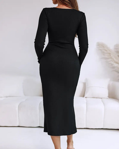 Metal Ring Decor Wrapped Slit Ribbed Commuting Dress Cinched Waist Slim Fit Mid-Length Dress black