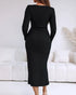 Metal Ring Decor Wrapped Slit Ribbed Commuting Dress Cinched Waist Slim Fit Mid-Length Dress black