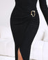 Metal Ring Decor Wrapped Slit Ribbed Commuting Dress Cinched Waist Slim Fit Mid-Length Dress black