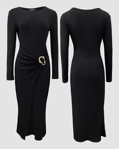 Metal Ring Decor Wrapped Slit Ribbed Commuting Dress Cinched Waist Slim Fit Mid-Length Dress black