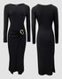 Metal Ring Decor Wrapped Slit Ribbed Commuting Dress Cinched Waist Slim Fit Mid-Length Dress black