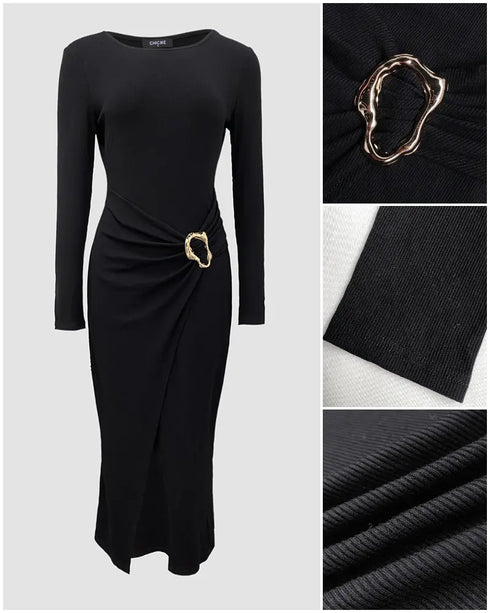 Metal Ring Decor Wrapped Slit Ribbed Commuting Dress Cinched Waist Slim Fit Mid-Length Dress black