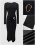 Metal Ring Decor Wrapped Slit Ribbed Commuting Dress Cinched Waist Slim Fit Mid-Length Dress black