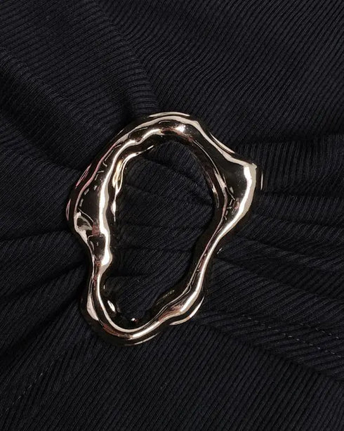 Metal Ring Decor Wrapped Slit Ribbed Commuting Dress Cinched Waist Slim Fit Mid-Length Dress black