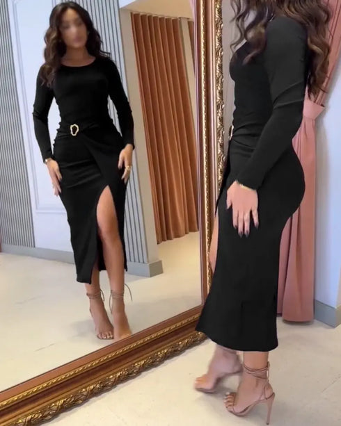 Metal Ring Decor Wrapped Slit Ribbed Commuting Dress Cinched Waist Slim Fit Mid-Length Dress black