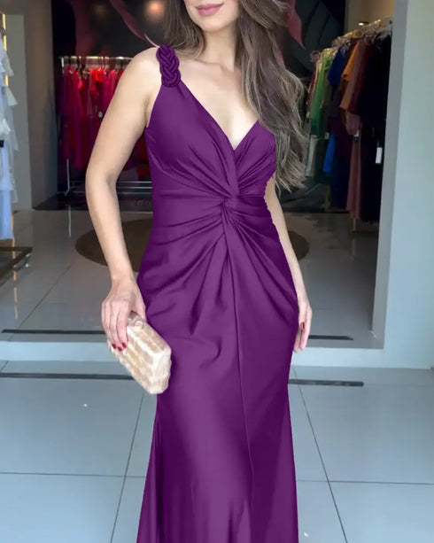 Deep V-Neck Braided Straps Twist Front Cinched Waist Evening Dress Casual Zipper Back Mermaid Hem Satin Maxi Dress purple