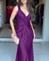 Deep V-Neck Braided Straps Twist Front Cinched Waist Evening Dress Casual Zipper Back Mermaid Hem Satin Maxi Dress purple