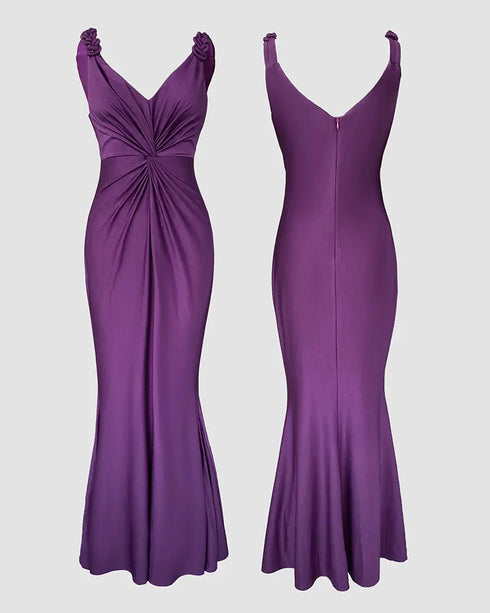 Deep V-Neck Braided Straps Twist Front Cinched Waist Evening Dress Casual Zipper Back Mermaid Hem Satin Maxi Dress purple