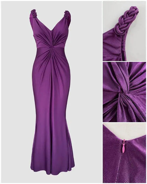Satin Sleeveless Hollow-out Twist Front Evening Dress Tied Detail Backless Zipper Back Mermaid Hem Dress purple