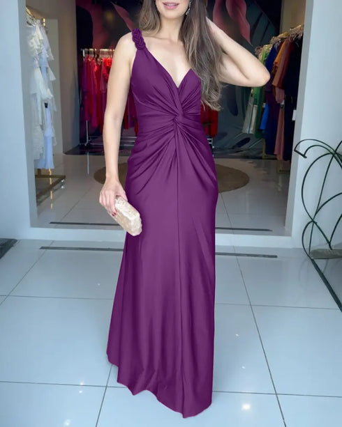 Satin Sleeveless Hollow-out Twist Front Evening Dress Tied Detail Backless Zipper Back Mermaid Hem Dress purple