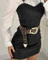 2 Pieces Outfit Turn-down Collar Long Sleeve Blouses and Casual Spaghetti Straps PU Leather Skirt black