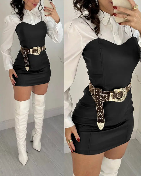 2 Pieces Outfit Turn-down Collar Long Sleeve Blouses and Casual Spaghetti Straps PU Leather Skirt black