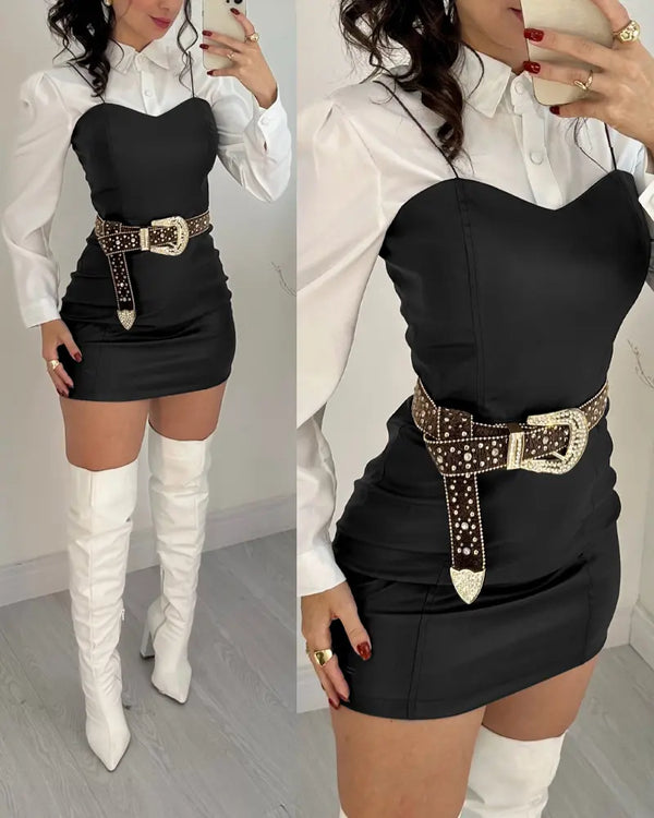 2 Pieces Outfit Turn-down Collar Long Sleeve Blouses and Casual Spaghetti Straps PU Leather Skirt black