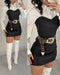 2 Pieces Outfit Turn-down Collar Long Sleeve Blouses and Casual Spaghetti Straps PU Leather Skirt black