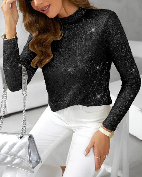 Mock Neck Hollow-out Back Allover Sequin Long Sleeve Top Partywear Blouse black