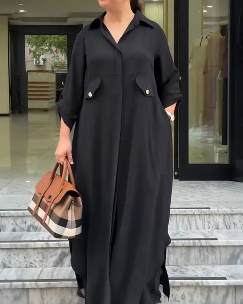 2 Pieces Outfit Turn-down Collar Turn-Up Sleeves Button Front Asymmetrical Hem Longline Blouse and Casual Elastic Waist Wide Leg Pants Set black