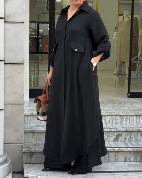 2 Pieces Outfit Turn-down Collar Turn-Up Sleeves Button Front Asymmetrical Hem Longline Blouse and Casual Elastic Waist Wide Leg Pants Set black