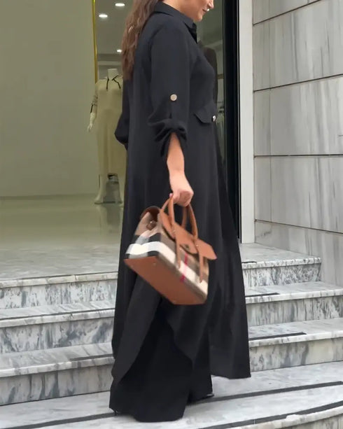 2 Pieces Outfit Turn-down Collar Turn-Up Sleeves Button Front Asymmetrical Hem Longline Blouse and Casual Elastic Waist Wide Leg Pants Set black