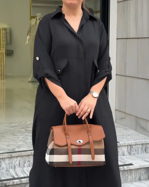 2 Pieces Outfit Turn-down Collar Turn-Up Sleeves Button Front Asymmetrical Hem Longline Blouse and Casual Elastic Waist Wide Leg Pants Set black