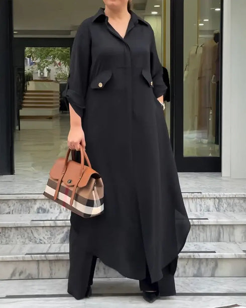 2 Pieces Outfit Turn-down Collar Turn-Up Sleeves Button Front Asymmetrical Hem Longline Blouse and Casual Elastic Waist Wide Leg Pants Set black