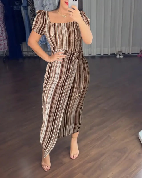 Textured Striped Square Neck Puff Sleeve Wrap Hem Work Dress Tied Detail Cinched Waist Maxi Dress Apricot