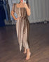 Textured Striped Square Neck Puff Sleeve Wrap Hem Work Dress Tied Detail Cinched Waist Maxi Dress Apricot