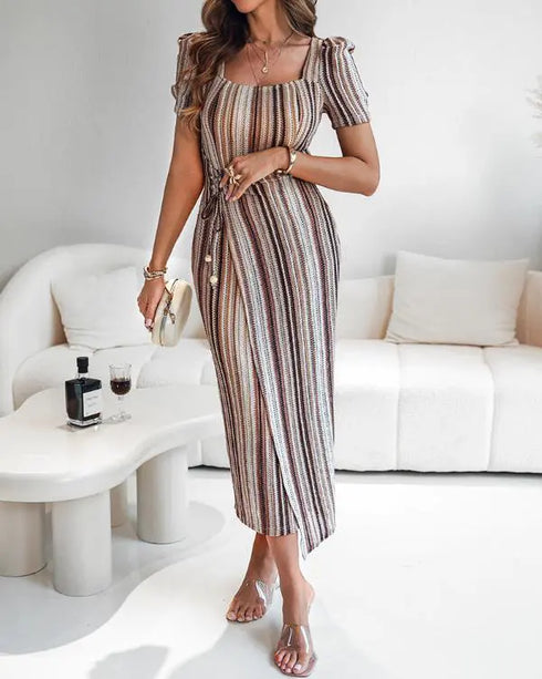 Textured Striped Square Neck Puff Sleeve Wrap Hem Work Dress Tied Detail Cinched Waist Maxi Dress Apricot