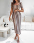 Textured Striped Square Neck Puff Sleeve Wrap Hem Work Dress Tied Detail Cinched Waist Maxi Dress Apricot