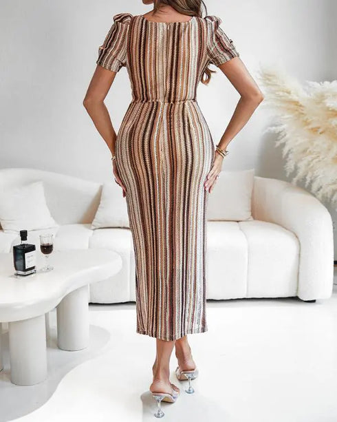 Textured Striped Square Neck Puff Sleeve Wrap Hem Work Dress Tied Detail Cinched Waist Maxi Dress Apricot
