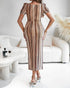 Textured Striped Square Neck Puff Sleeve Wrap Hem Work Dress Tied Detail Cinched Waist Maxi Dress Apricot