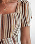 Textured Striped Square Neck Puff Sleeve Wrap Hem Work Dress Tied Detail Cinched Waist Maxi Dress Apricot