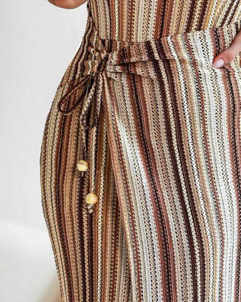 Textured Striped Square Neck Puff Sleeve Wrap Hem Work Dress Tied Detail Cinched Waist Maxi Dress Apricot