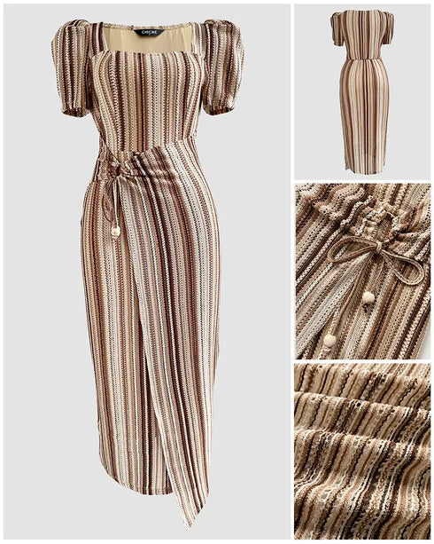 Textured Striped Square Neck Puff Sleeve Wrap Hem Work Dress Tied Detail Cinched Waist Maxi Dress Apricot