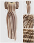 Textured Striped Square Neck Puff Sleeve Wrap Hem Work Dress Tied Detail Cinched Waist Maxi Dress Apricot