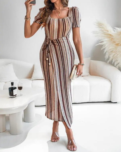 Textured Striped Square Neck Puff Sleeve Wrap Hem Work Dress Tied Detail Cinched Waist Maxi Dress Apricot