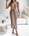 Textured Striped Square Neck Puff Sleeve Wrap Hem Work Dress Tied Detail Cinched Waist Maxi Dress Apricot