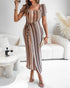 Textured Striped Square Neck Puff Sleeve Wrap Hem Work Dress Tied Detail Cinched Waist Maxi Dress Apricot