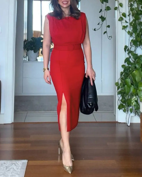 3D Polka Dot Appliques Mesh Lantern Sleeve Zipper Back Slit Work Dress Cinched Waist Slim Fit Mid-Length Dress With Belt red