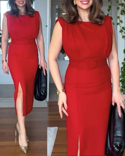 3D Polka Dot Appliques Mesh Lantern Sleeve Zipper Back Slit Work Dress Cinched Waist Slim Fit Mid-Length Dress With Belt red