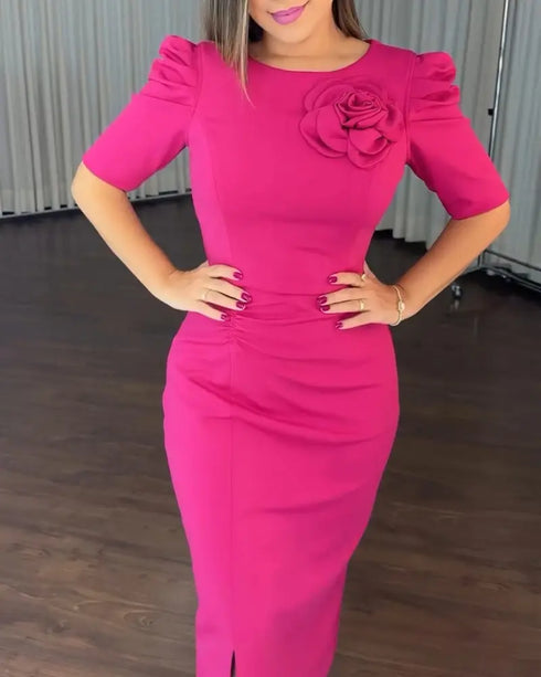 3D Flower Decor Round Neck Puff Sleeve Bodycon Dress Casual Ruched Slit Zipper Back Work Dress hot pink