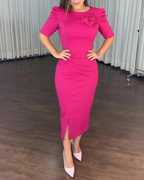 3D Flower Decor Round Neck Puff Sleeve Bodycon Dress Casual Ruched Slit Zipper Back Work Dress hot pink